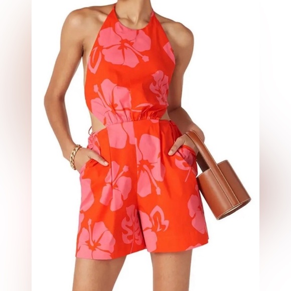 NWOT Staud Printed Halter Neck Georgia Rent The Runway Romper Pink Red Size 10 - Picture 5 of 16